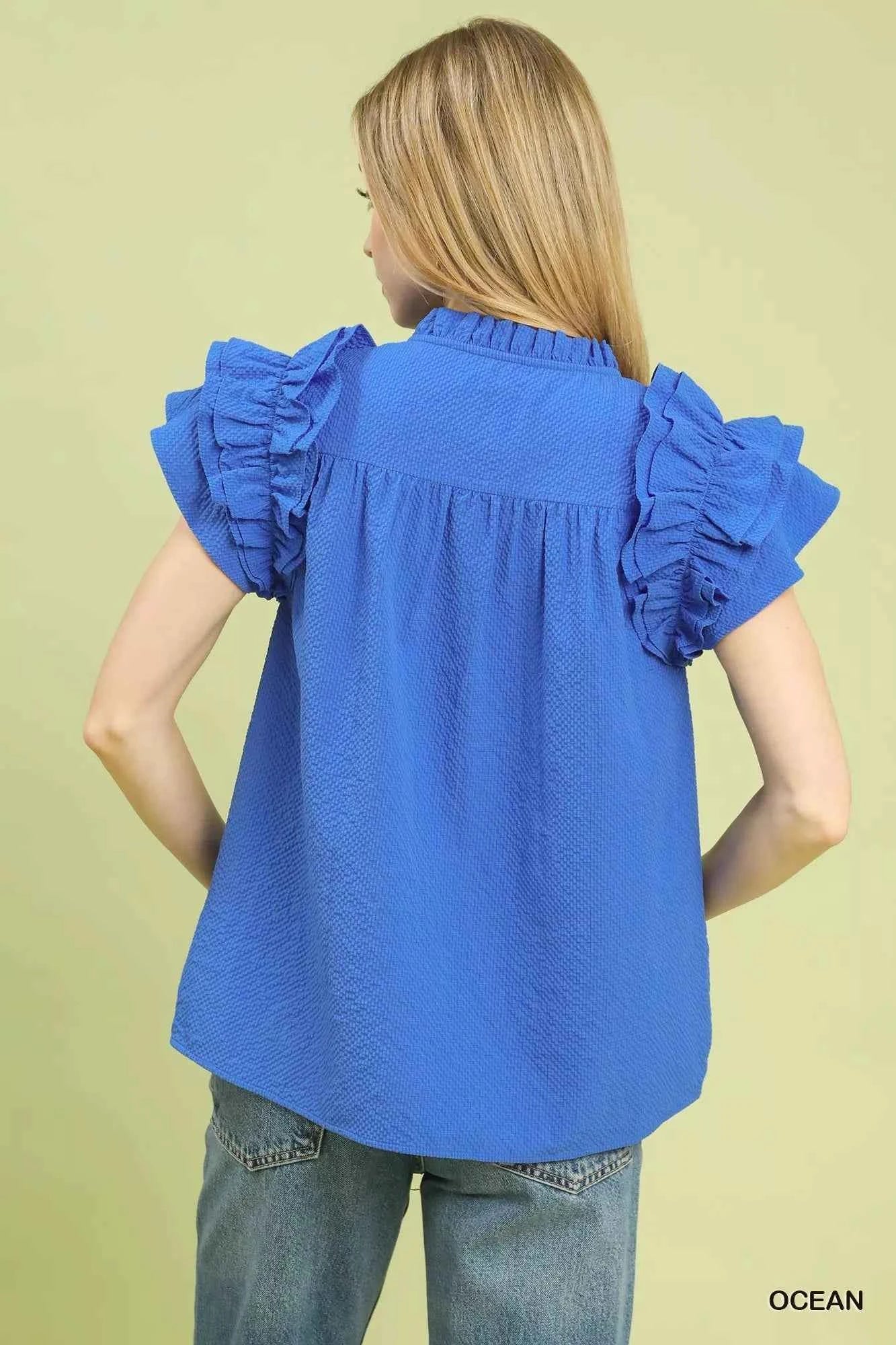 Umgee Textured Ruffle Sleeve Notched Top 1ebf4c69-a527-4d2d-ab37-6552904b2a78-Max-Origin