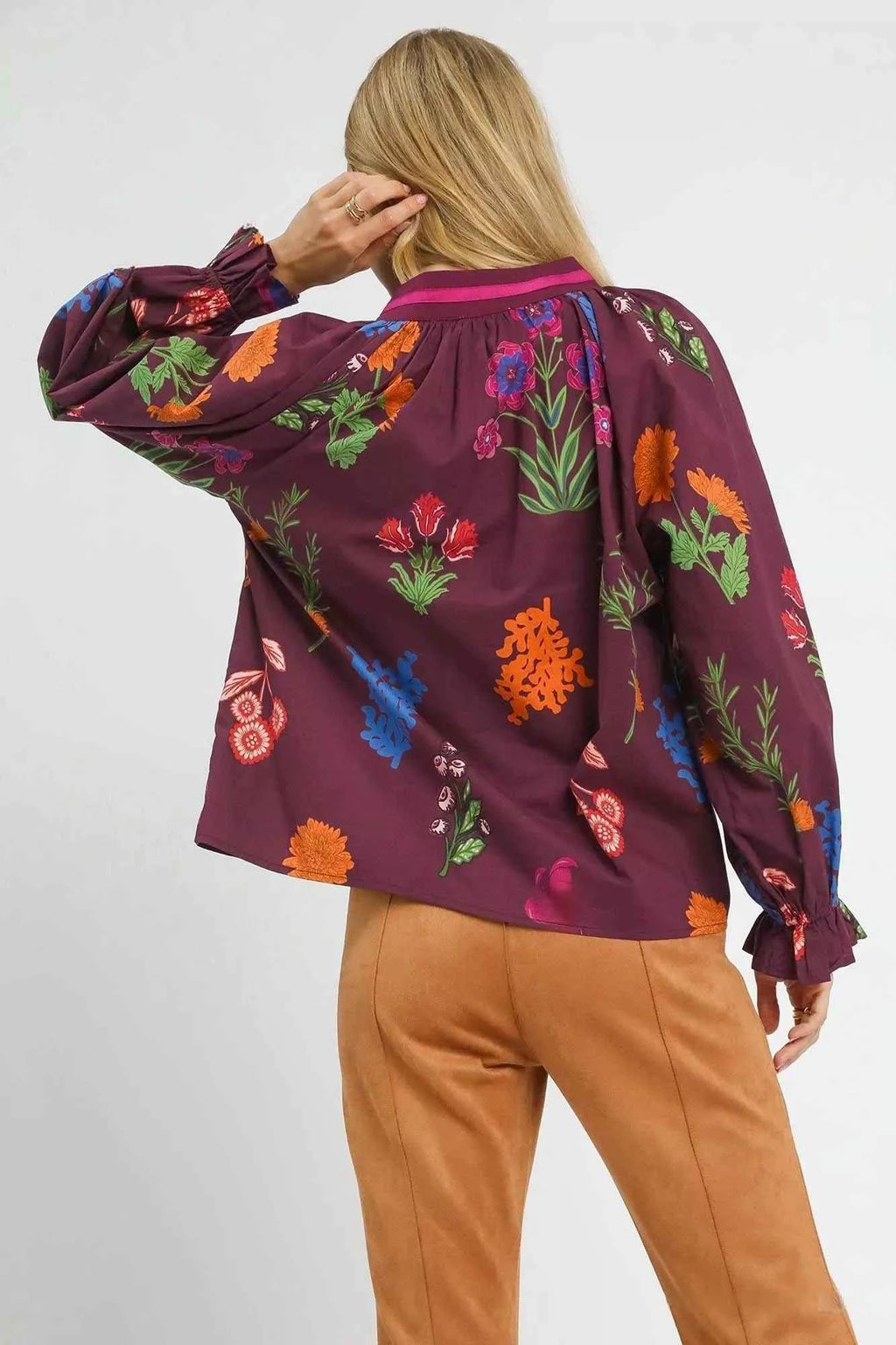 Umgee Floral Print Flounce Sleeve Blouse 1ec105a4-67ac-43b3-b452-b5a77b138198-Max-Origin