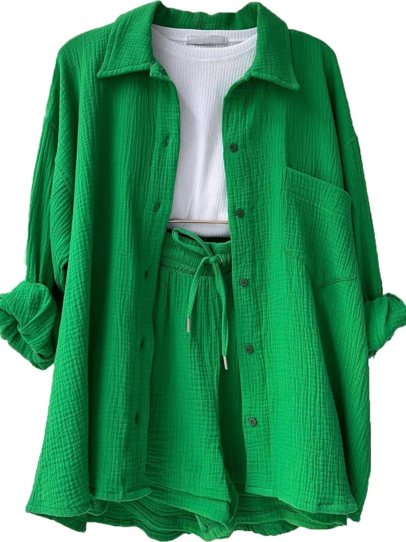 Textured Button Up Shirt and Shorts Set Green 1ec3d9af-14fc-4283-917d-9bcc99bd960b-Max-Origin