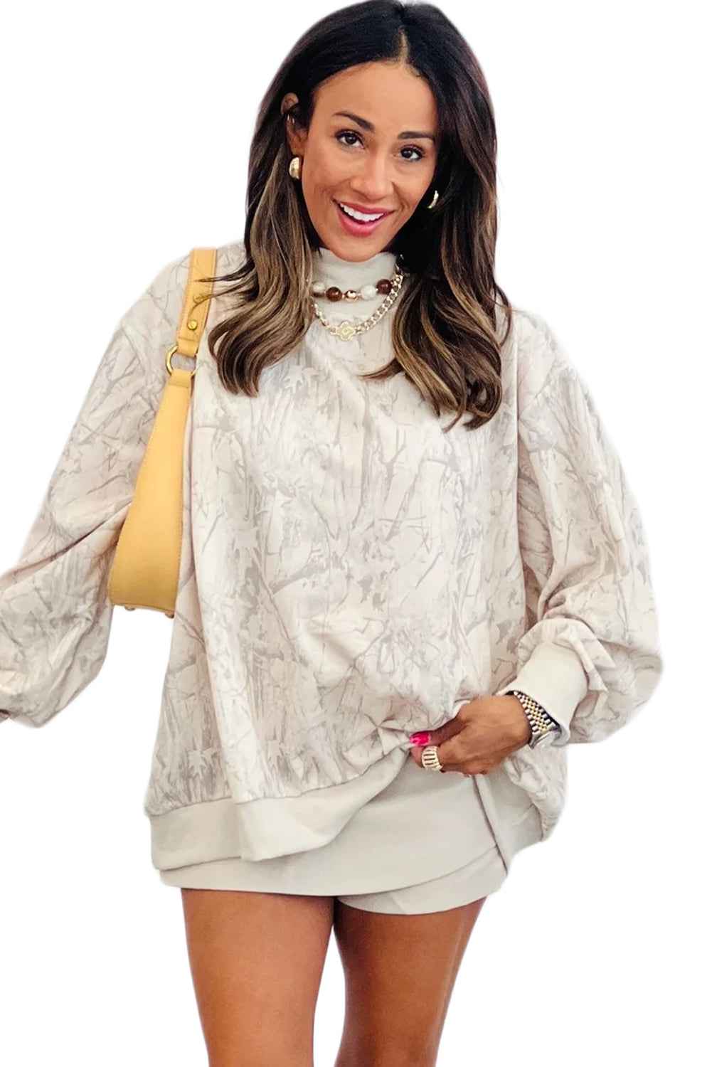 Khaki Camo Print Mock Neck Loose Sweatshirt 1ecbbf877003a0cb