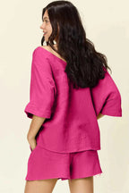 Double Take Texture Half Sleeve T-Shirt and Drawstring Shorts Set 1ed0e16c-515e-4ca6-8d02-6e27a0947b3c-Max