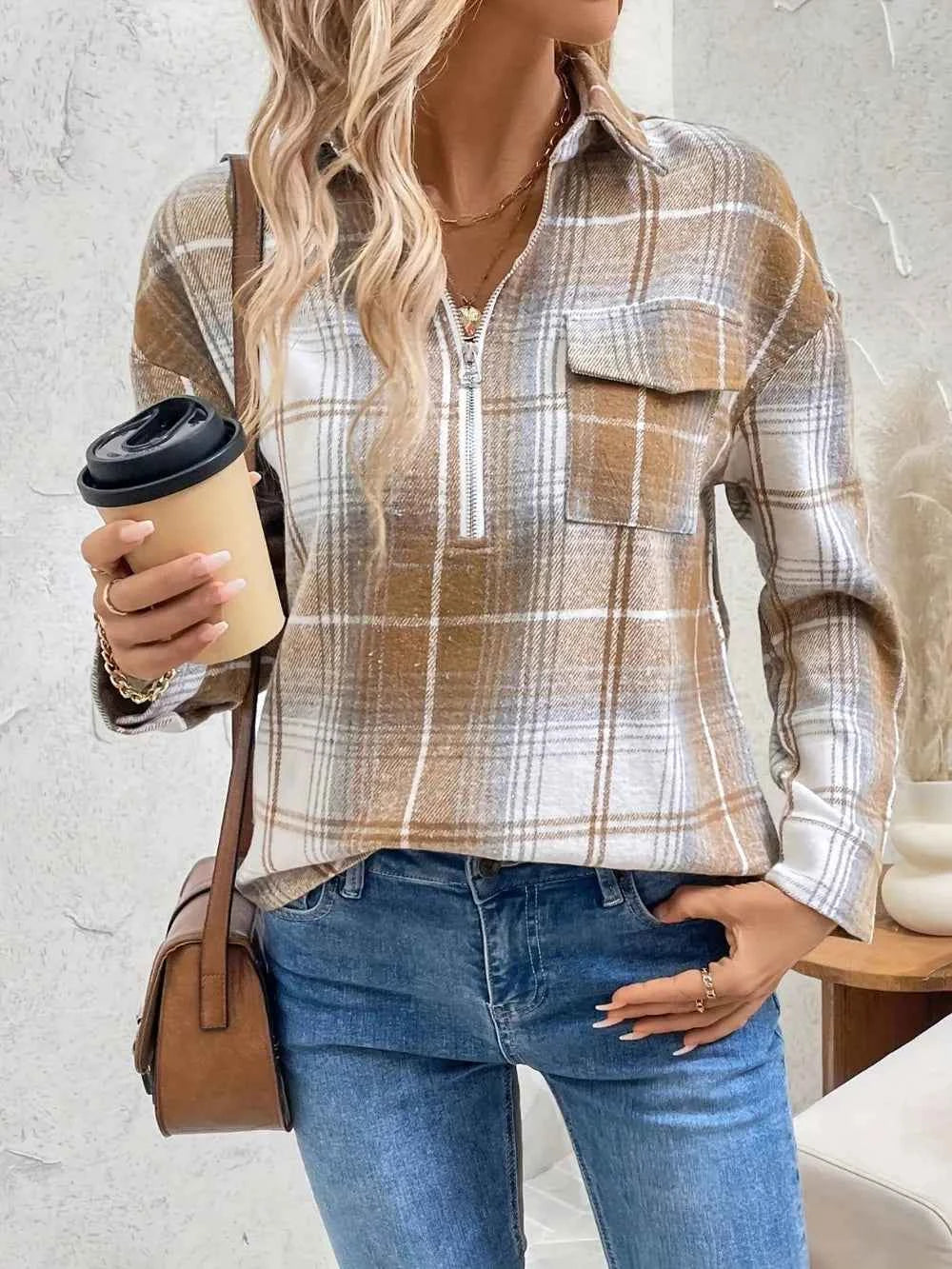 Plaid Collared Neck Half Zip Long Sleeve Top 1ed7971e-6881-4274-86c0-e6e0ba2f78a7-Max