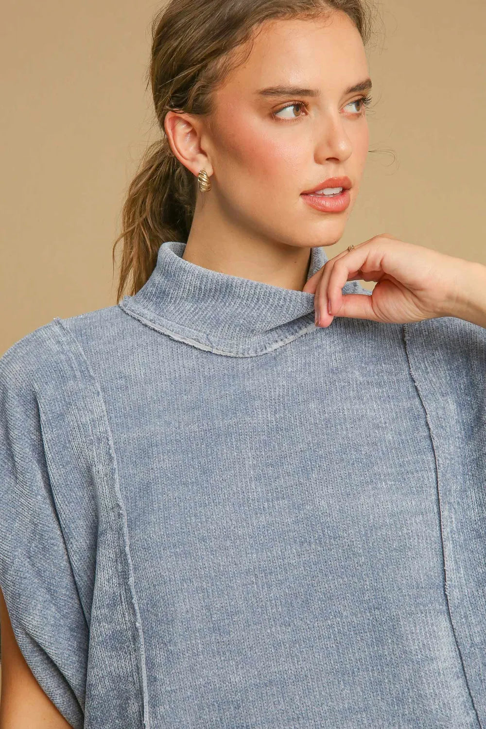 Umgee Solid Color Mock Neck Short Sleeve Top Light Blue 1ed9c65d-4c71-4d1c-8ad7-f776b97256cd-Max