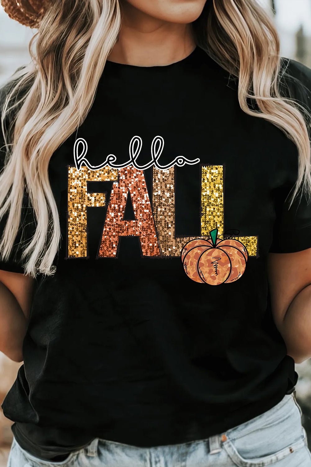 Black Hello Fall Letter Pumpkin Heat Transfer Printing T Shirt 1ee2ef4acfd9f613