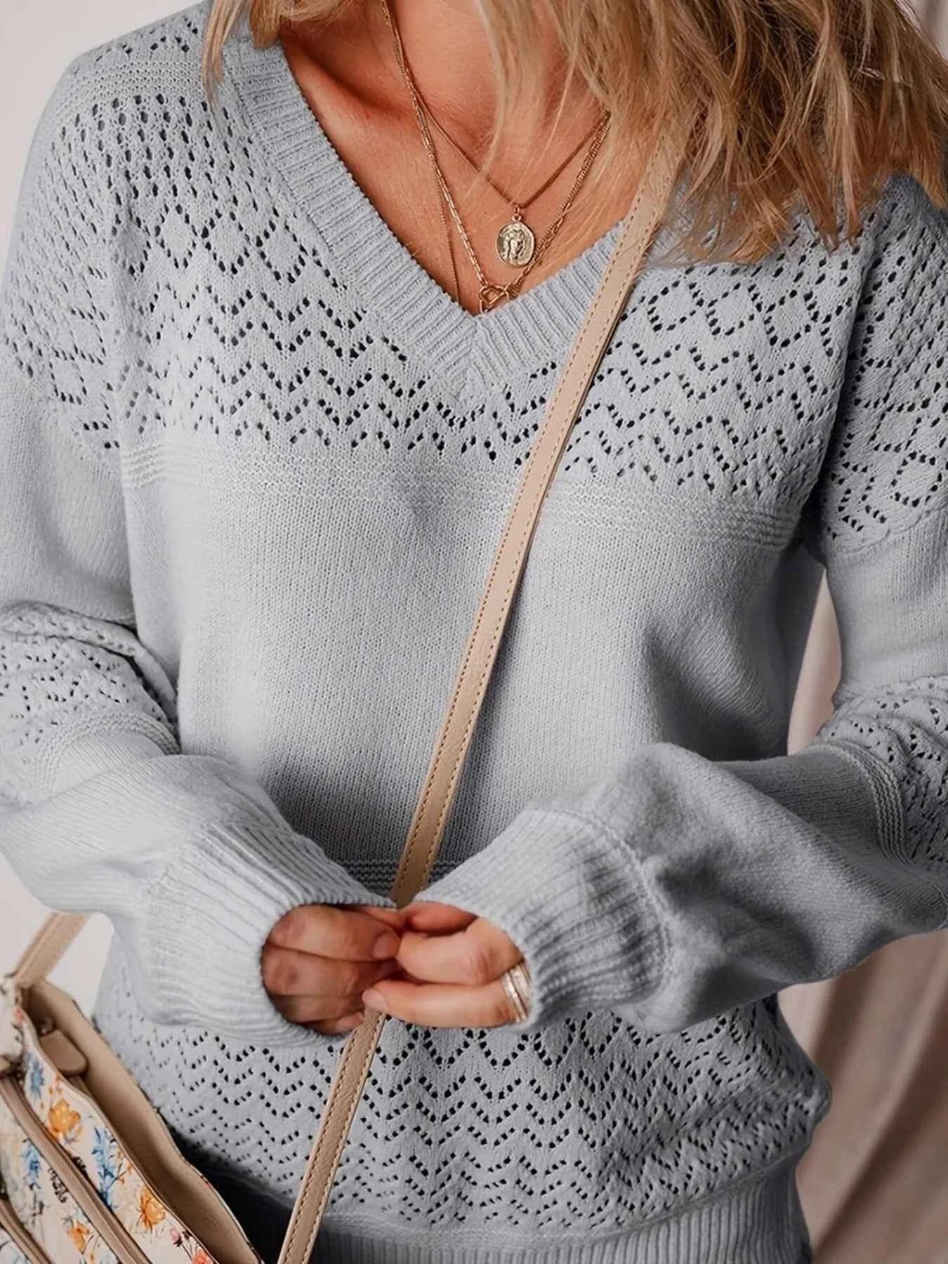 Eyelet Deatil V-Neck Long Sleeve Sweater Gray 1ee37314950f4800a2c2c79205b76851-Max-Origin