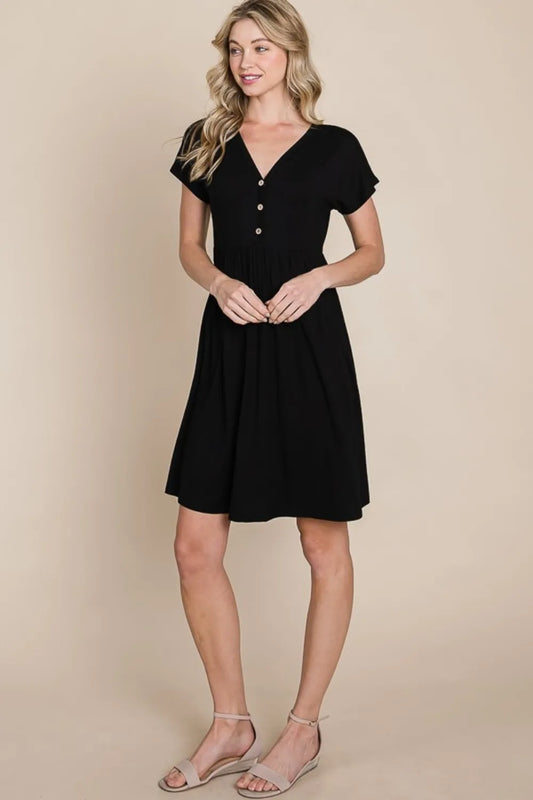 V-Neck Short Sleeve Dress with Button Detail 1ee43dcb-3010-49f9-b6e5-4df5de5d2af1-Max