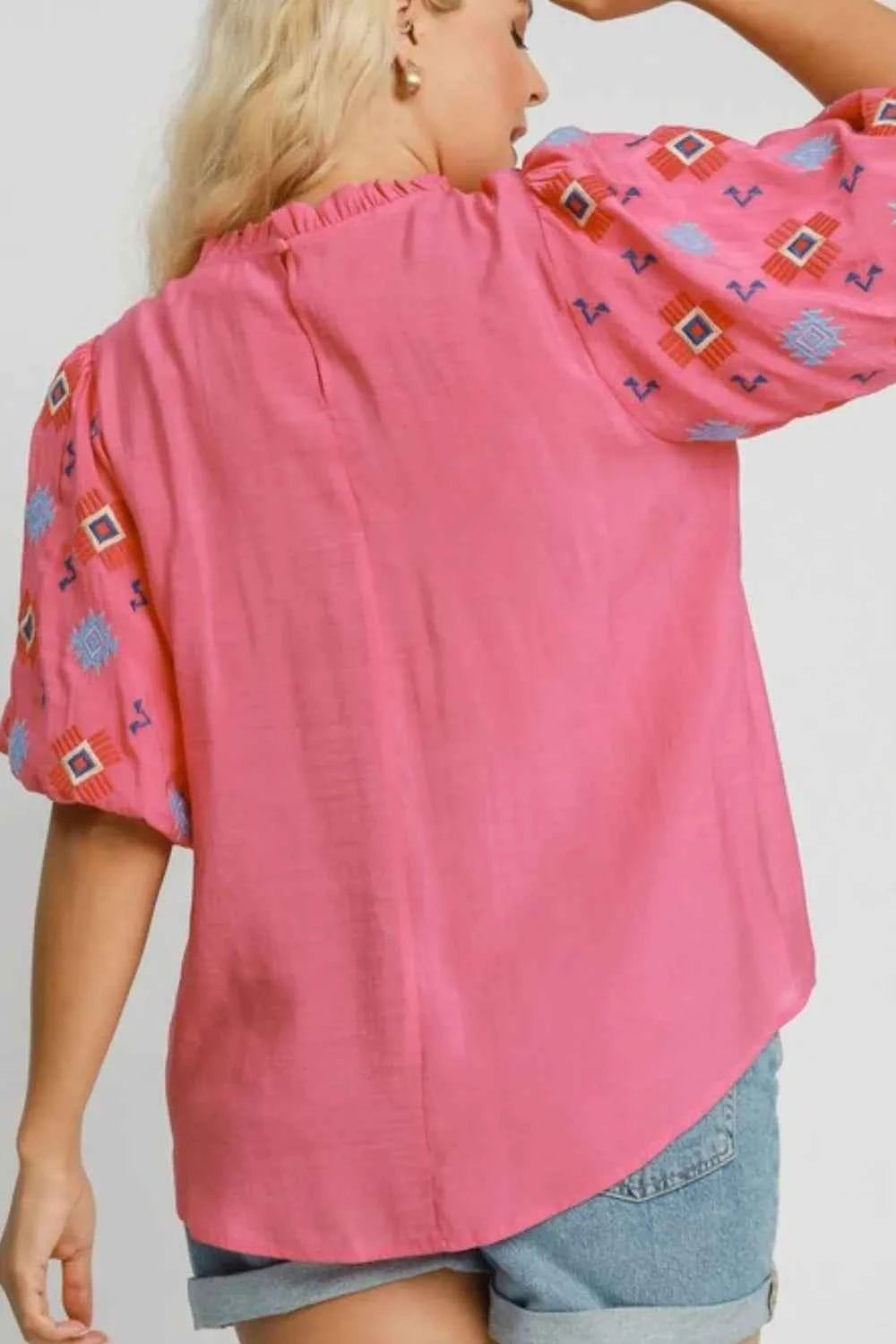 Umgee Full Size Embroidered Puff Sleeve Mock Neck Top Plus Size 1ee66559-10a6-4325-82d2-6a85fd104c7b-Max