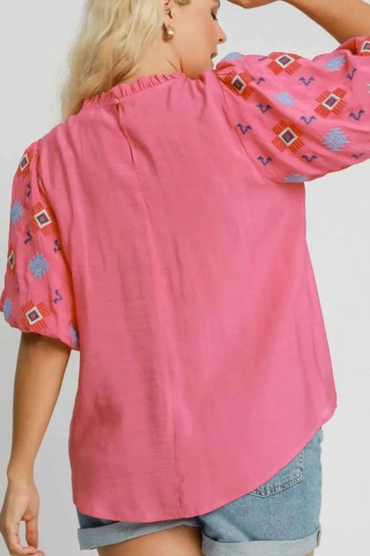 Full Size Embroidered Puff Sleeve Mock Neck Top Plus Size 1ee66559-10a6-4325-82d2-6a85fd104c7b-Max