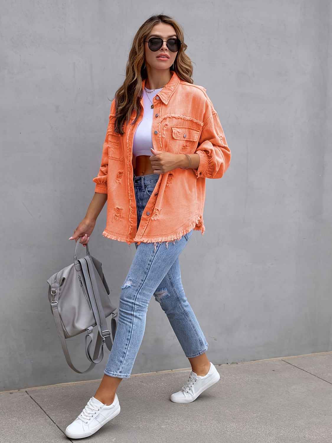 Distressed Drop Shoulder Denim Jacket Tangerine 1eece67ee7fa46858c079f32b7262145-Max