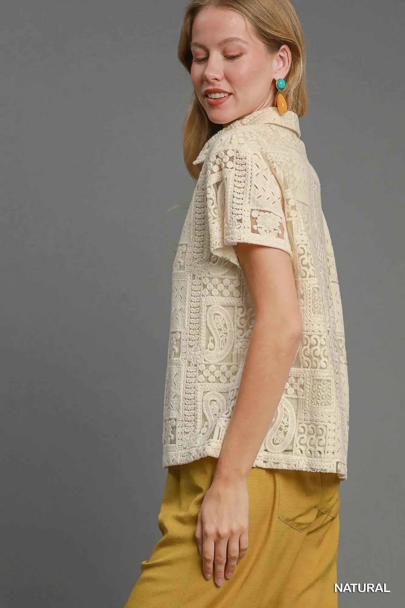 Umgee Patch Lace Short Sleeve Button Down Shirt
