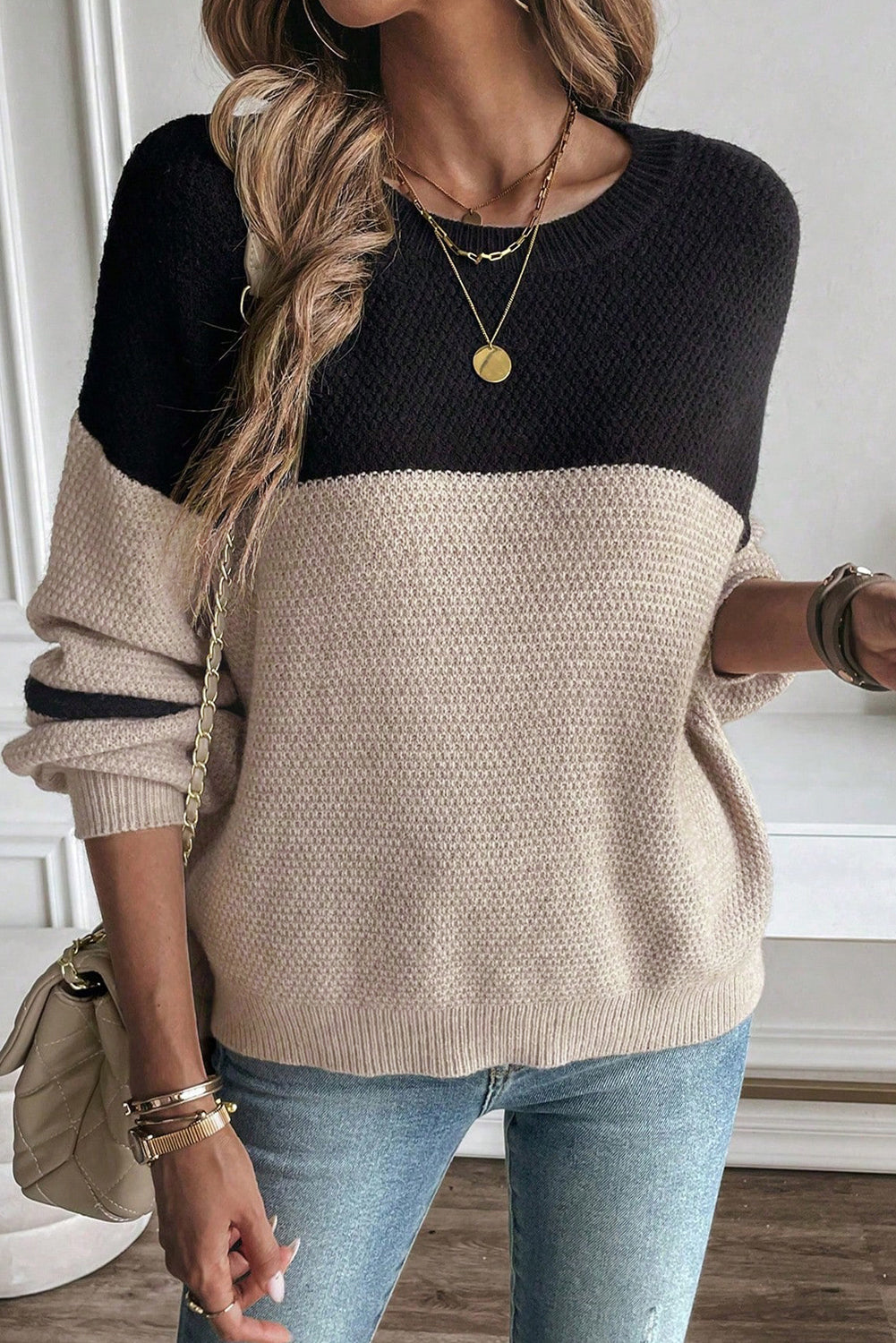 Dark Brown Colorblock Striped Sleeve Detail Knit Sweater 1ef24ee72892207a