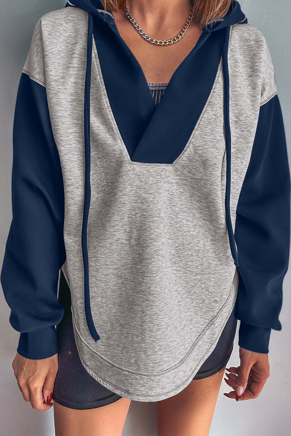 Light Grey Colorblock Patchwork V Neck Drawstring Hoodie 1ef74a3b48865834