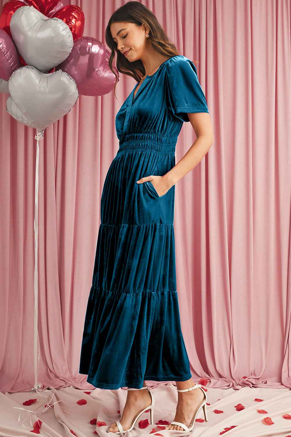 Prussian Blue Velvet Short Sleeve Shirred Waist Tiered Maxi Dress 1efb3f63bfb158c5