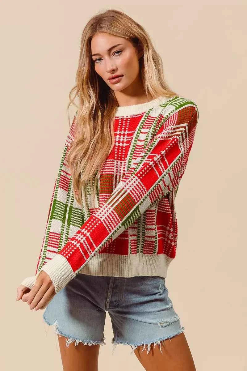 SO ME Christmas Color Checkered Plaid Crew Neck Sweater 1f0734ebacbc4cde81463c9a415658d2-Max-Origin