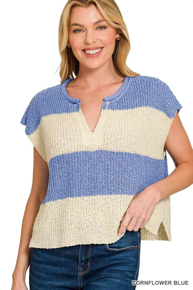 Zenana Split Neck Sleeveless Stripe Sweater CORNFLOWER BLUE 1f09142c450049bcbc4f15faaf7c7947-Max-Origin