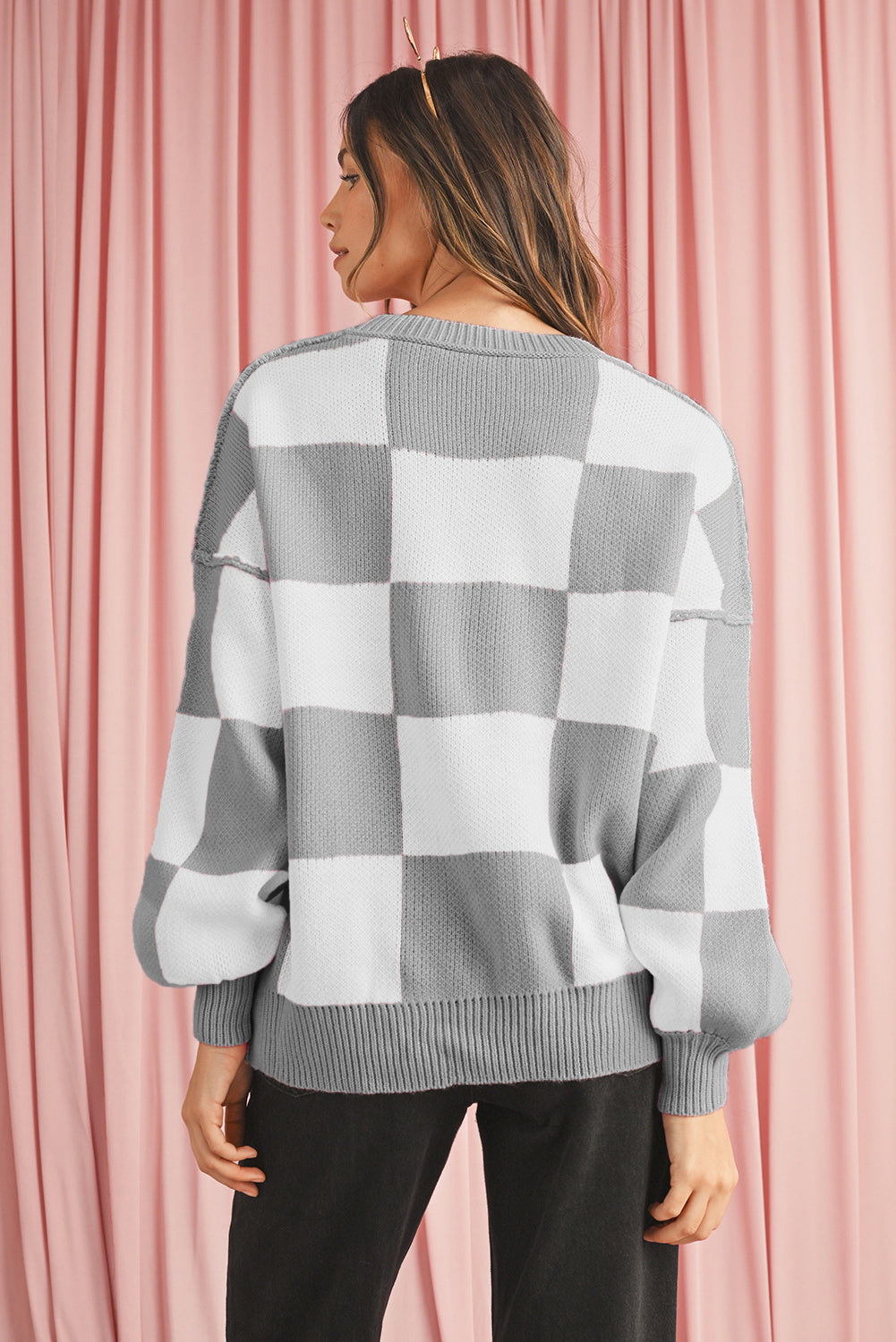 Orange & White Plaid Exposed Seam Bishop Sleeve Sweater 1f0929401b10ce69