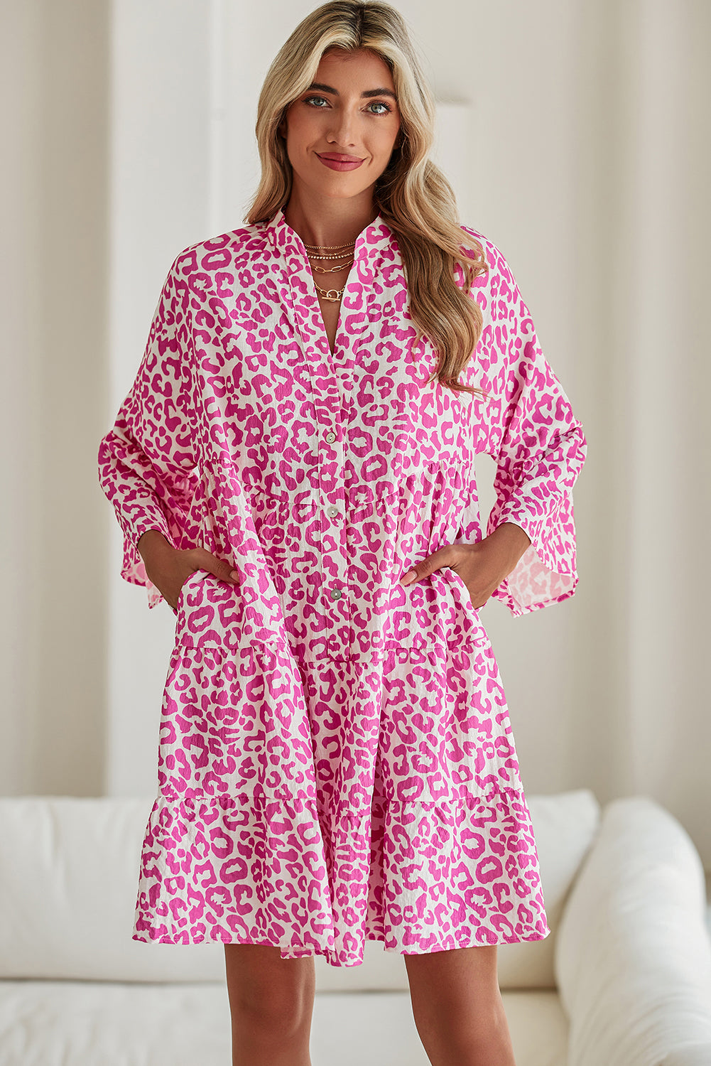 Bright Pink Leopard Print Flounce Sleeve Mini Dress 1f0f45b2c242585c