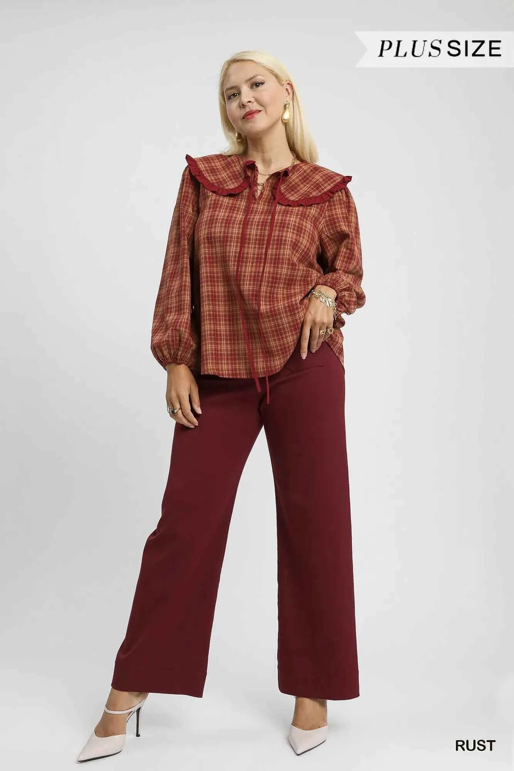 Umgee Full Size Plaid Ruffle Collar Blouse Plus Size 1f13ff29-cce0-456a-b476-e87c2f40dee4-Max-Origin