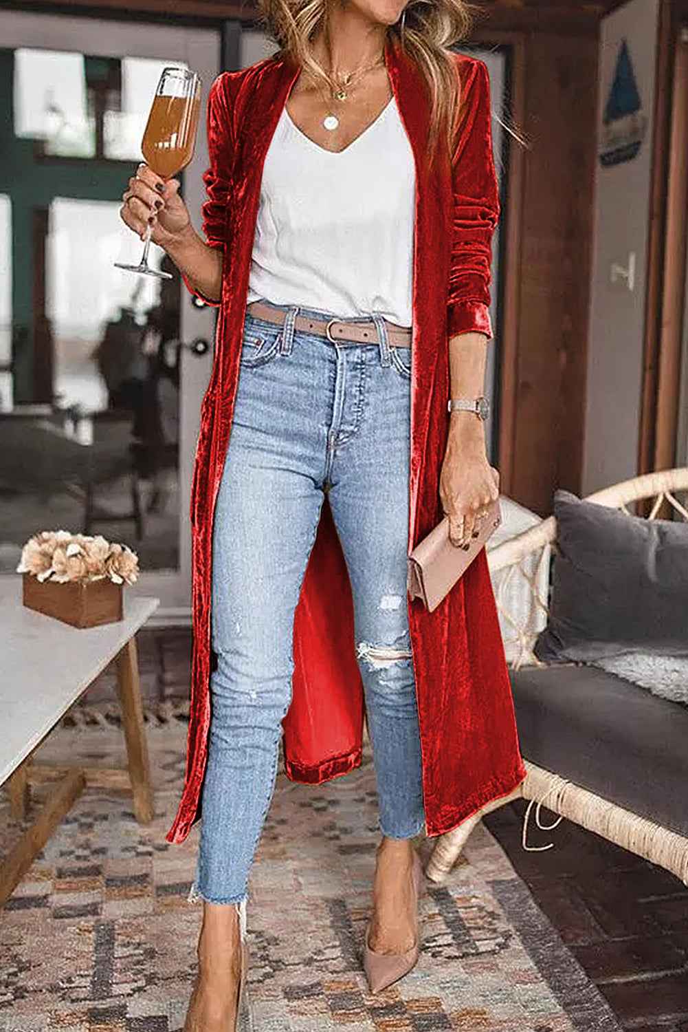 Red Velvet Elegant Open Front Pocket Long Cardigan Red 95%POLYESTER+5%ELASTANE 1f1a2d5b7fc7d9af