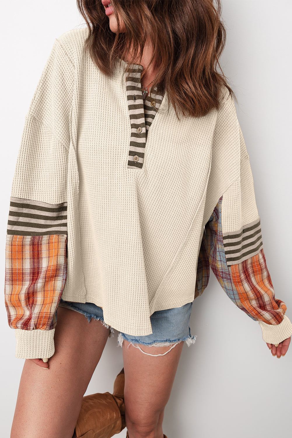 Straw Yellow Waffle Stripe Plaid Patchwork Henley Top Beige 75%Polyester+25%Cotton 1f226b927840bca5