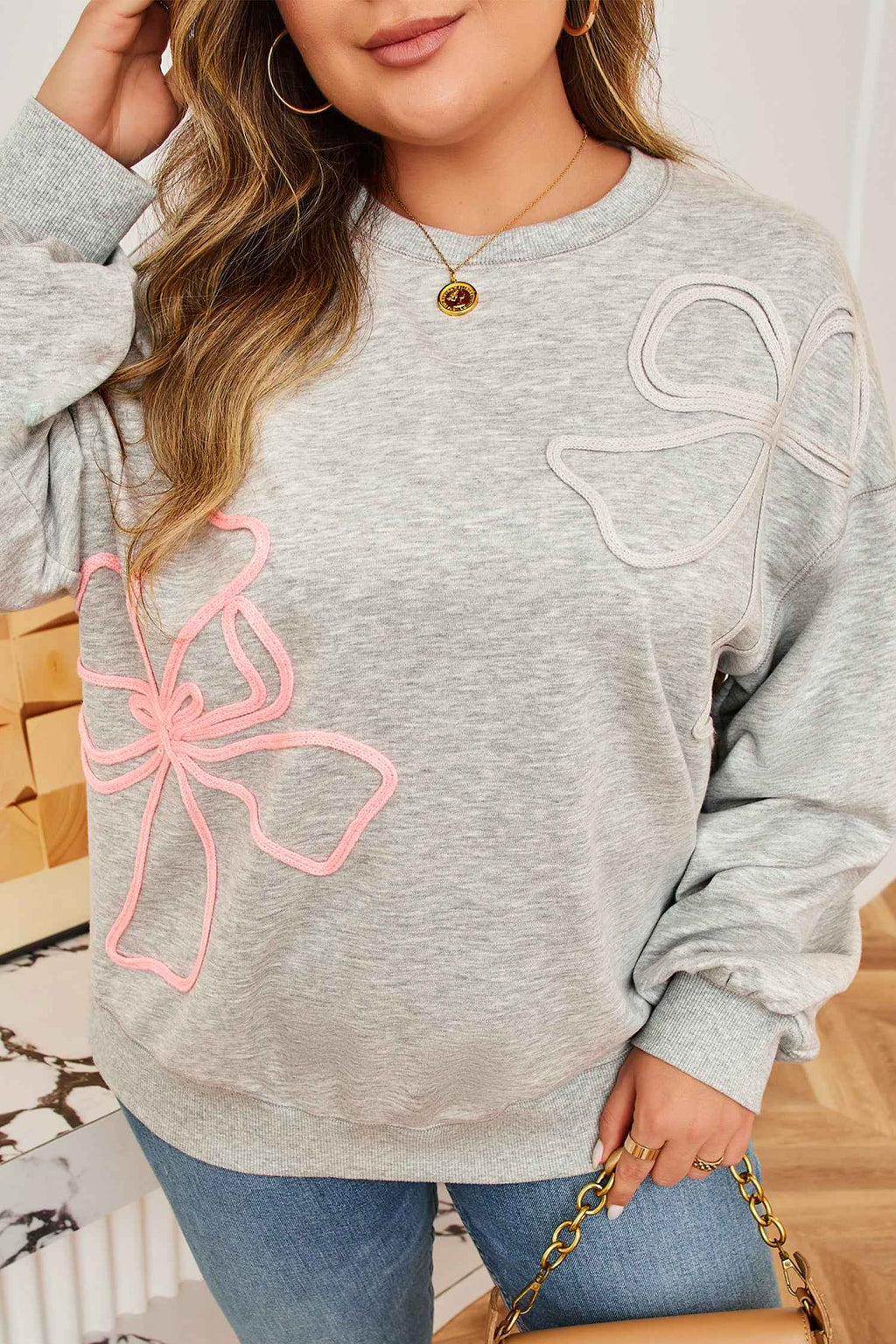 Light Grey Plus Size Thread Embroidered Drop Shoulder Round Neck Sweatshirt 1f2dc90acf717696