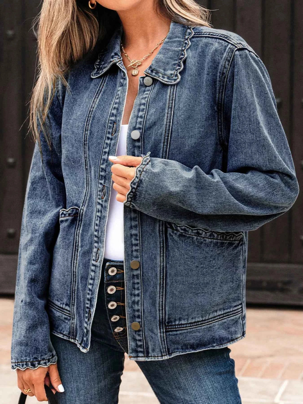 Scallop Trim Collar Patched Pocket Button Up Denim Jacket 1f313115da1f4ba783496e705f9aa30e-Max-Origin