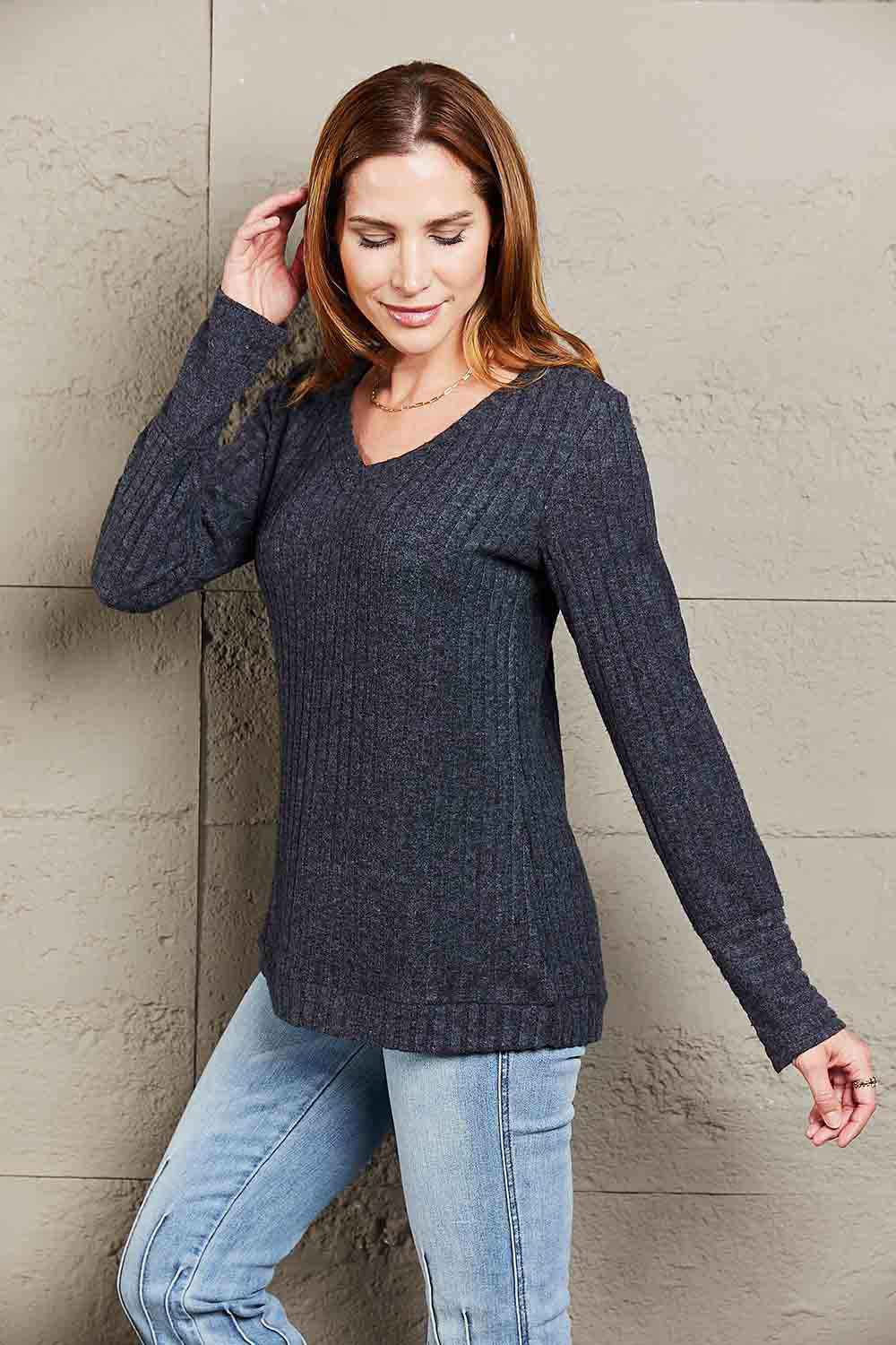 Mandy V-Neck Long Sleeve Ribbed Top 1f36d33d9d5c43e1937712c23b8bd2fb-Max