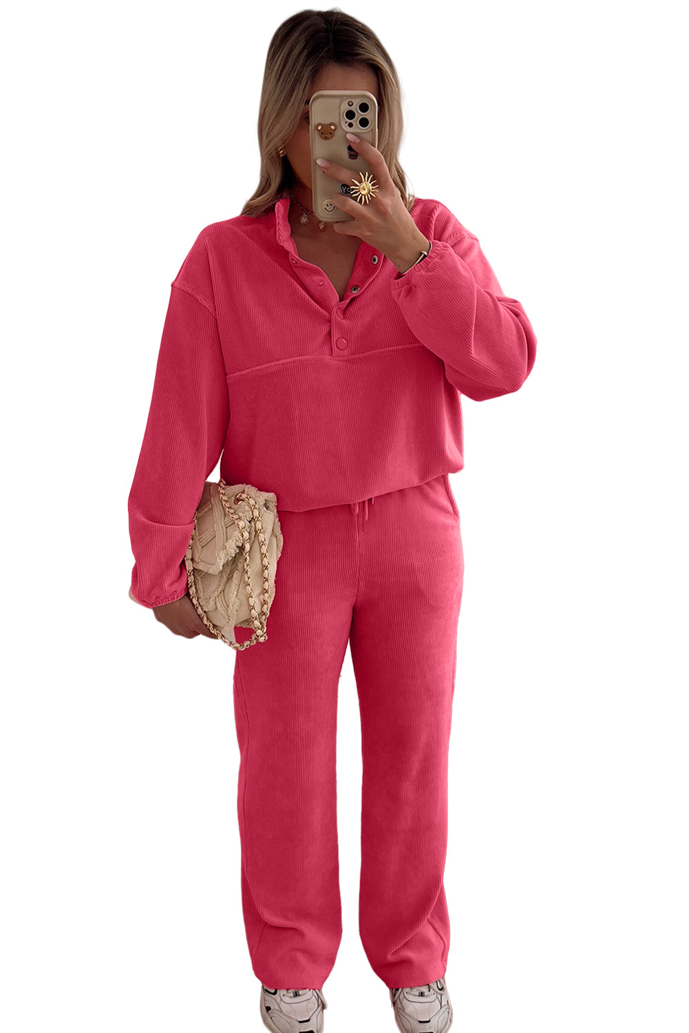 Peach Blossom Half Button Pullover Drawstring Pants Corduroy Set Peach Blossom 100%Polyester 1f397f1821872207