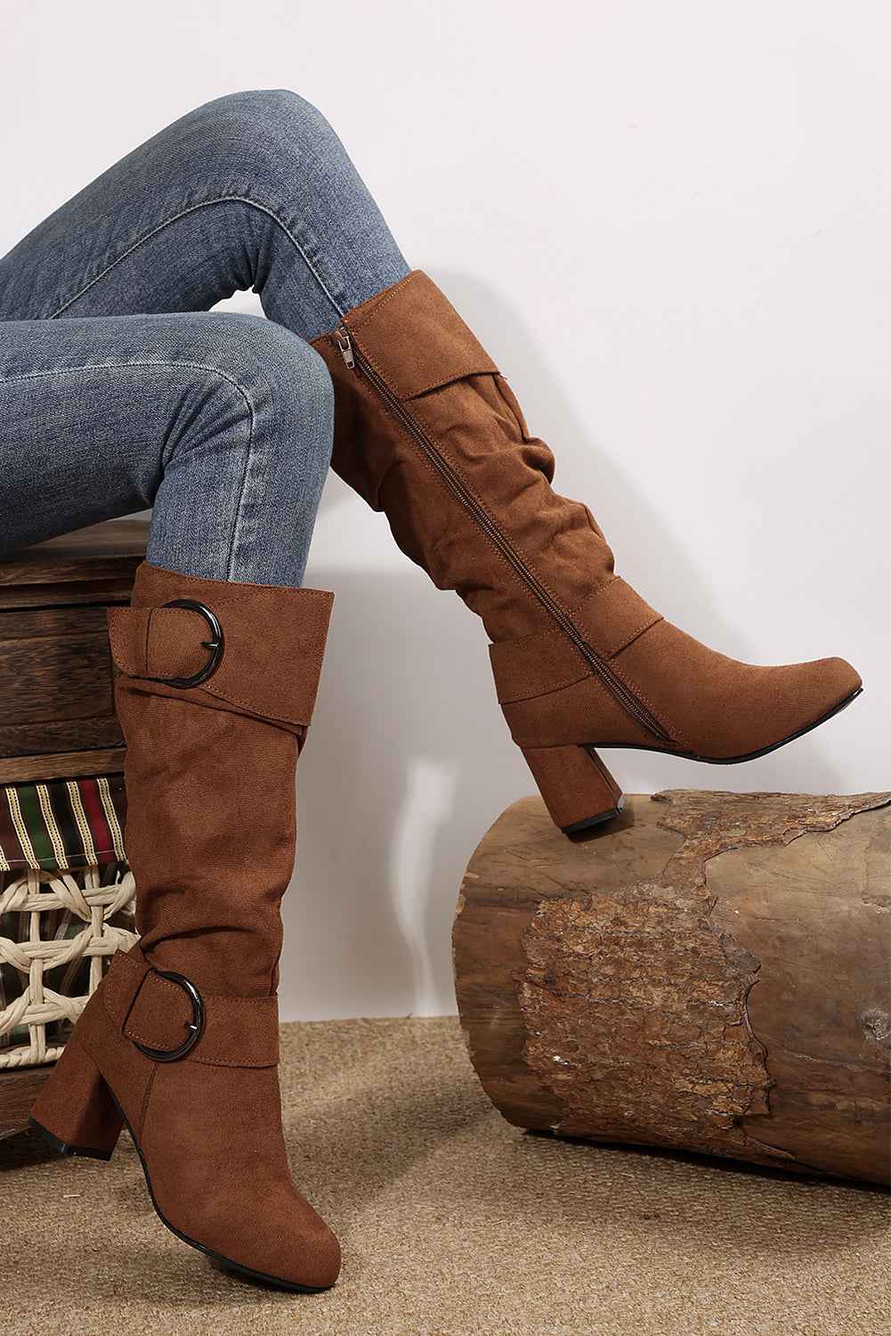 Coffee Suede Double Buckled Side Zipped Mid-calf Boots 1f4ad648003b8da2