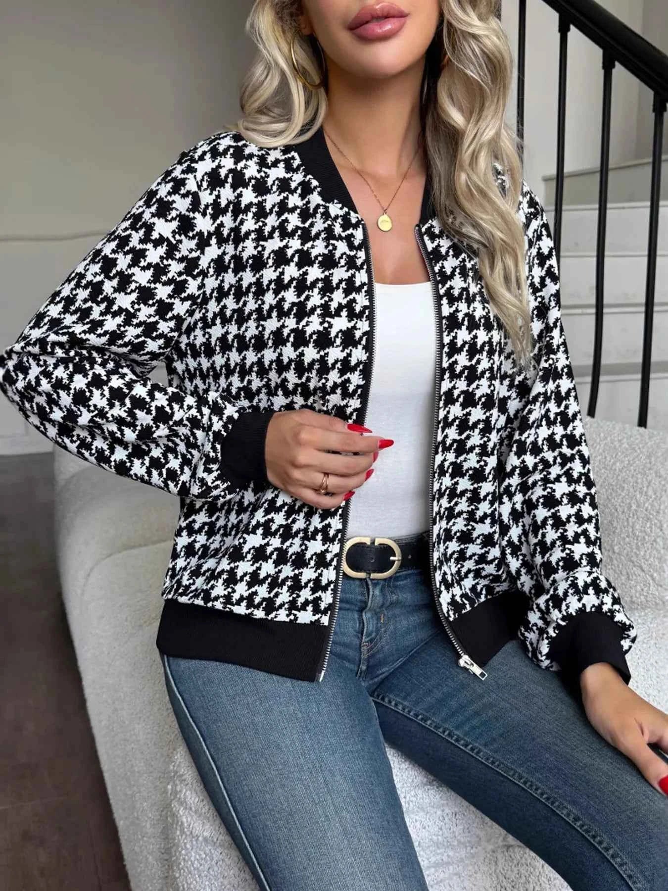 Zip Up Houndstooth Pattern Jacket Black 1f4d8134045b497bb0aaaa882c8bfec9-Max-Origin