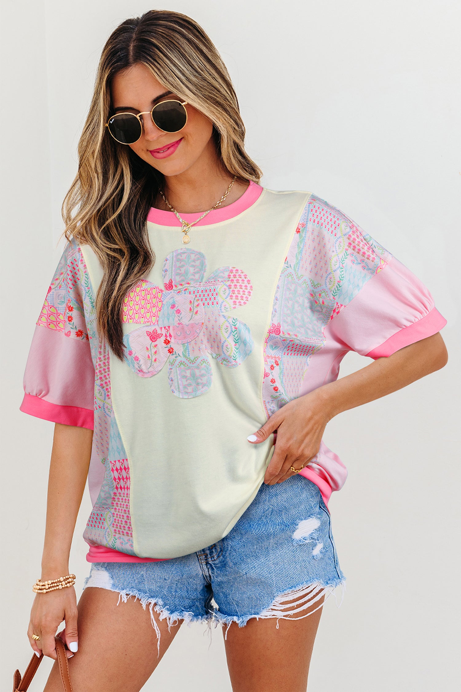 Beige Color Block Floral Patchwork Big Flower Accent Relaxed Top 1f4ef6dd0ef15fb9