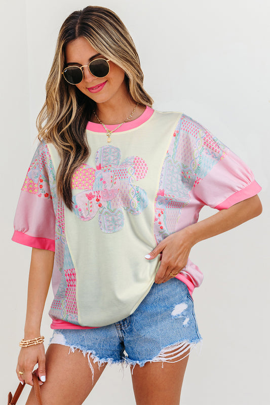 Beige Color Block Floral Patchwork Big Flower Accent Relaxed Top 1f4ef6dd0ef15fb9