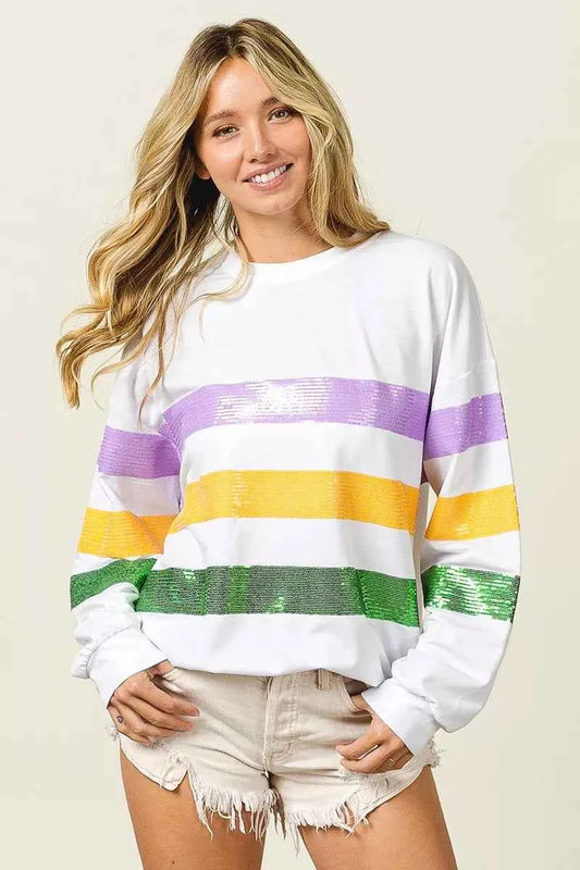 BiBi Sequin Mardi Gras Striped Round Neck Sweatshirt OFF WHITE 1f4ff7c5920741ddaf6fab992d7980d3-Max-Origin