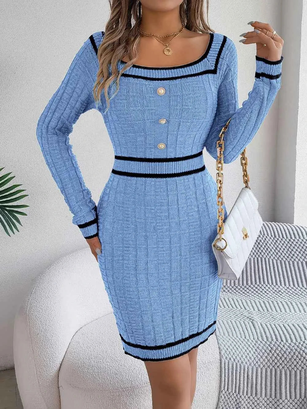 Contrast Trim Long Sleeve Sweater Dress 1f579e17-ed0e-4b9a-8f19-a4d0e3fd4001-Max