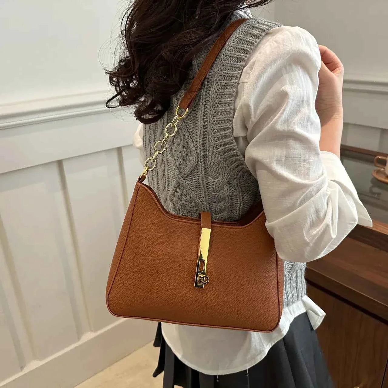Leather Shoulder Bag with Gold Accent Brown onesize 1f5a1e9b637d43cc9a03b828766ab18d-Max-Origin