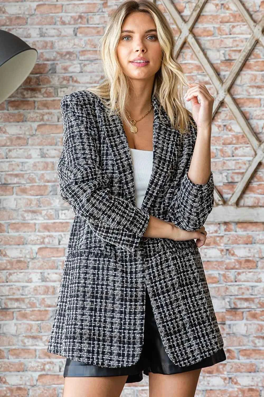 First Love Full Size Lurex Mixed Tweed One Button Blazer Black White 1f5b878f-fec7-4bc3-a0e0-b7144aa2fdb0-Max