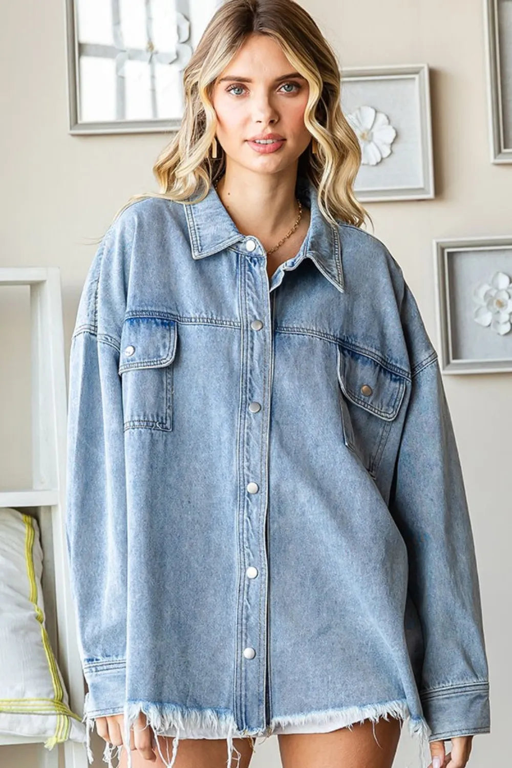 First Love Smile Face Button Down Raw Hem Denim Jacket 1f5d2ae4-2033-43b9-8304-16a0406b9062-Max