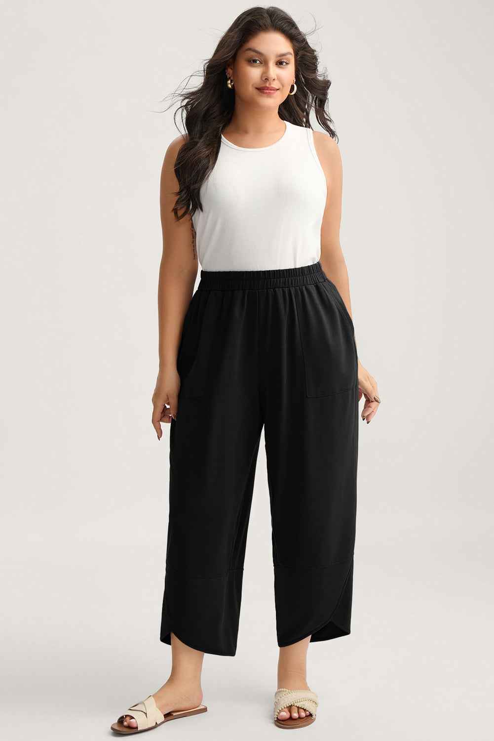 Black Plus Size Elastic Waist Asymmetrical Hem Loose Capris Pants 1f5fbe952c644cb6