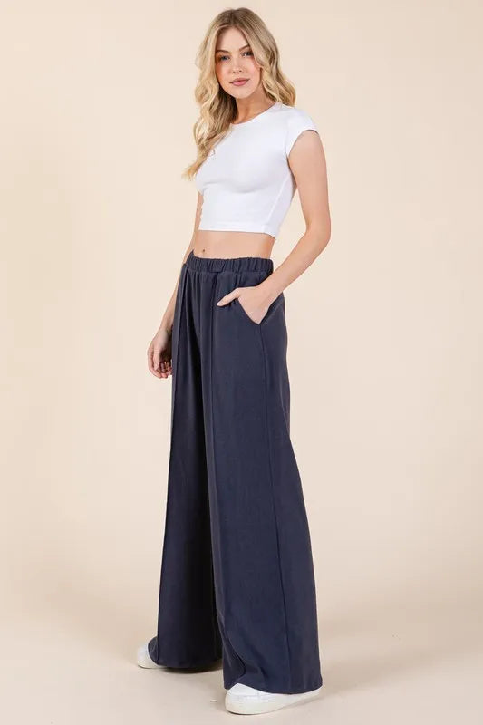 BOMBOM Elastic Waist Wide Leg Pants with Pockets 1f624ce6-bd05-42cd-bca2-8a92f3db9a11-Max