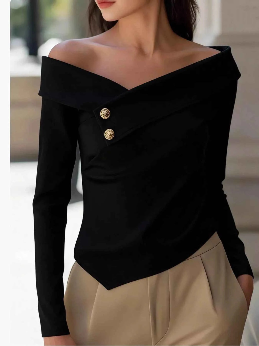 Off-Shoulder Button Decor Blouse 1f66b6bad81f4b7f9299e313b51dc20b-Max-Origin
