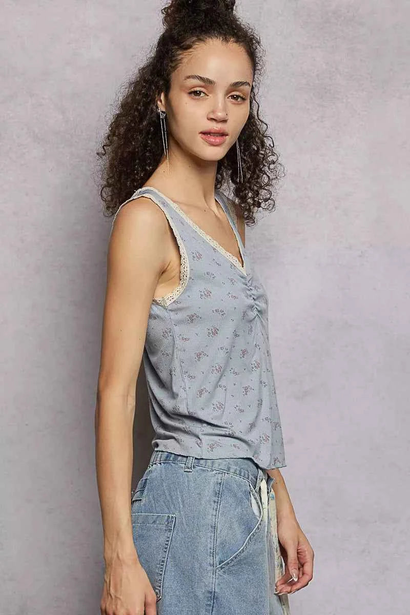 POL Ruched Floral V-Neck Tank with Lace Detail 1f6a54f6-88dc-4416-b2b8-96683c4bf448-Max-Origin