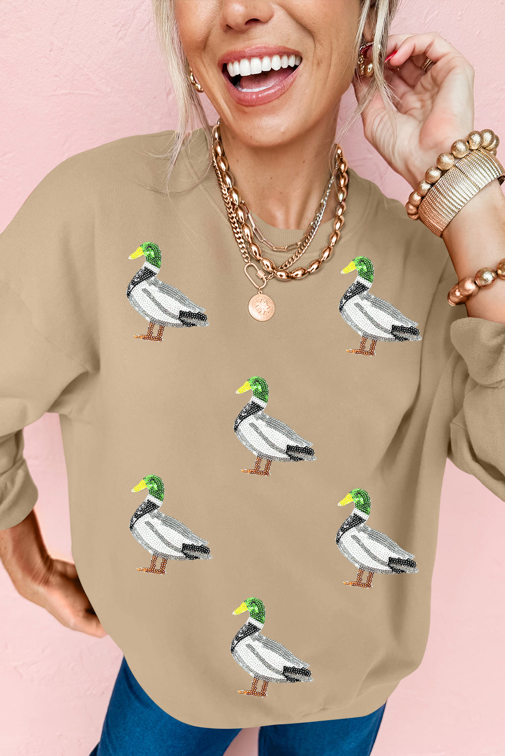 Khaki Sequin Mallard Duck Graphic Sequins Patch Baggy Sweatshirt 1f6b6737e93fc976
