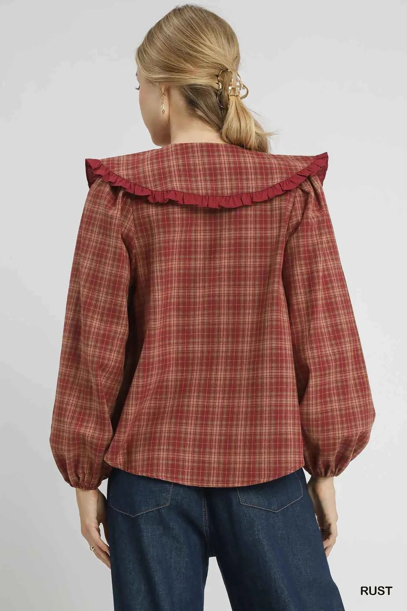 Umgee Full Size Plaid Ruffle Collar Blouse Plus Size 1f6dc828-f566-4599-ac65-98ae97121790-Max-Origin
