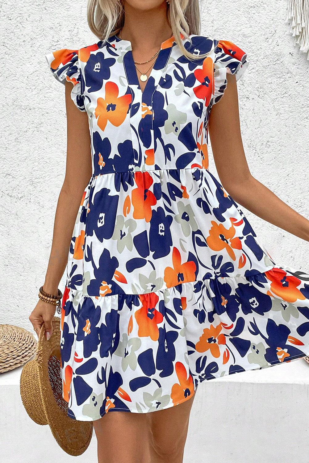 Orange Floral Print Notched Neck Flutter Sleeve Mini Dress 1f759bccd3facfe9