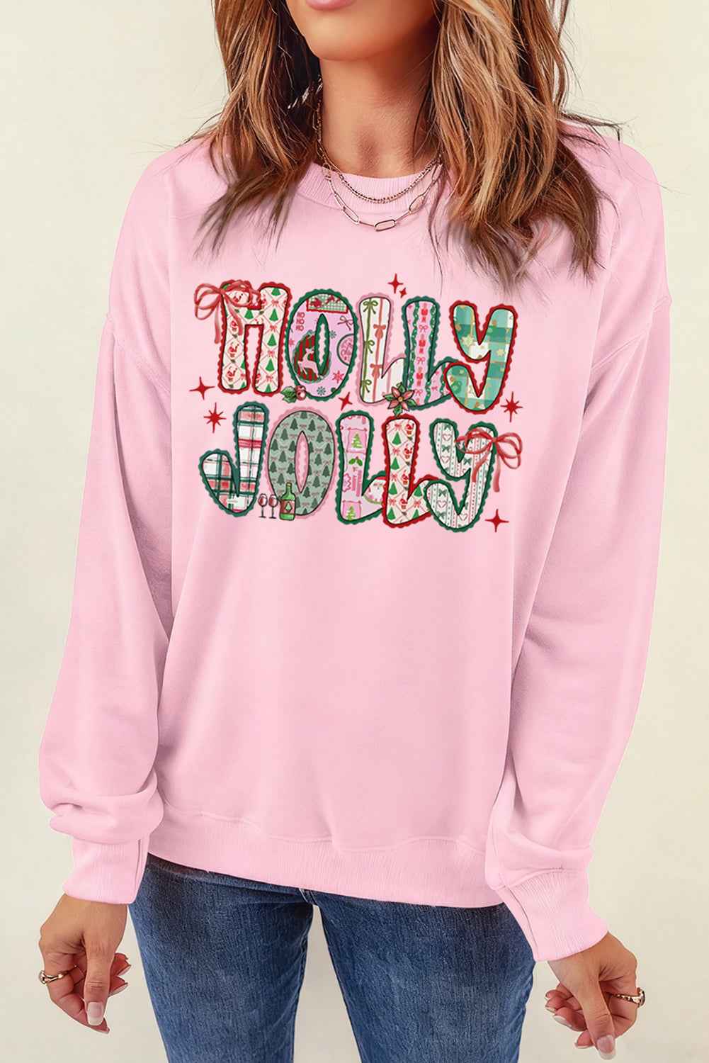 Pink HOLLY JOLLY Graphic Heat Transfer Printing Christmas Sweatshirt 1f791673a97dbbe9