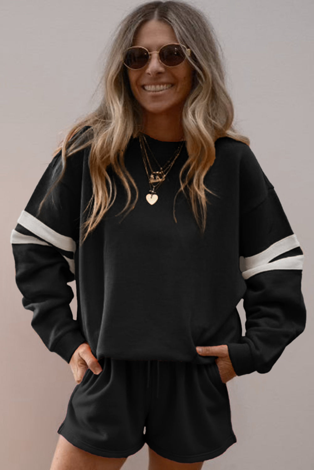 Orange Varsity Striped Sleeve Drop Shoulder Sweatshirt and Shorts Set 1f7ade9c6401662a