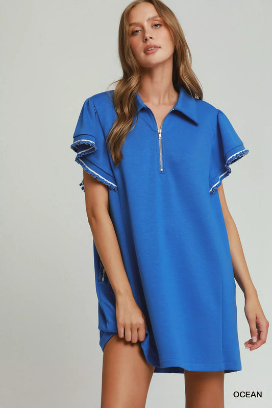 Half Zip Ruffle Rib Band Butterfy Sleeve Mini Dress with Pockets OCEAN 1f84a247-b1ed-4900-ad20-8cdc5c0e8b85-Max-Origin