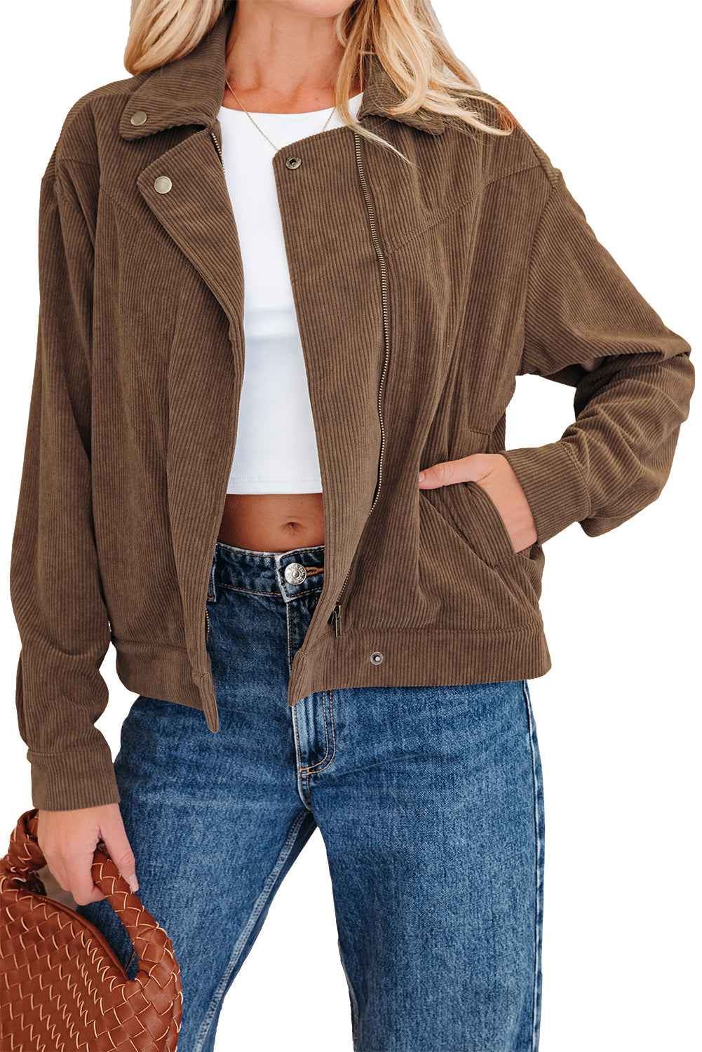 Dark Khaki Button Zip Up Lapel Collar Corduroy Jacket 1f851d26fd635a0d