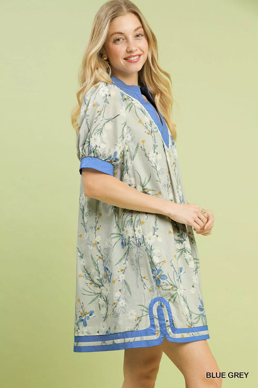 Floral Puff Sleeve Dress with Contrast Trim 1f96d7a6-b79a-48d3-a252-18226e5de36f-Max-Origin