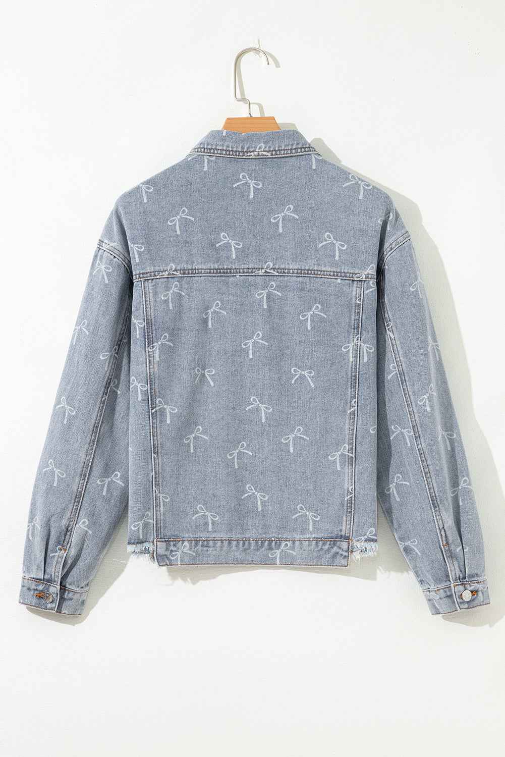 Sky Blue Bow Print Light Wash Raw Hem Denim Jacket 1f97bb6b2f1a208a